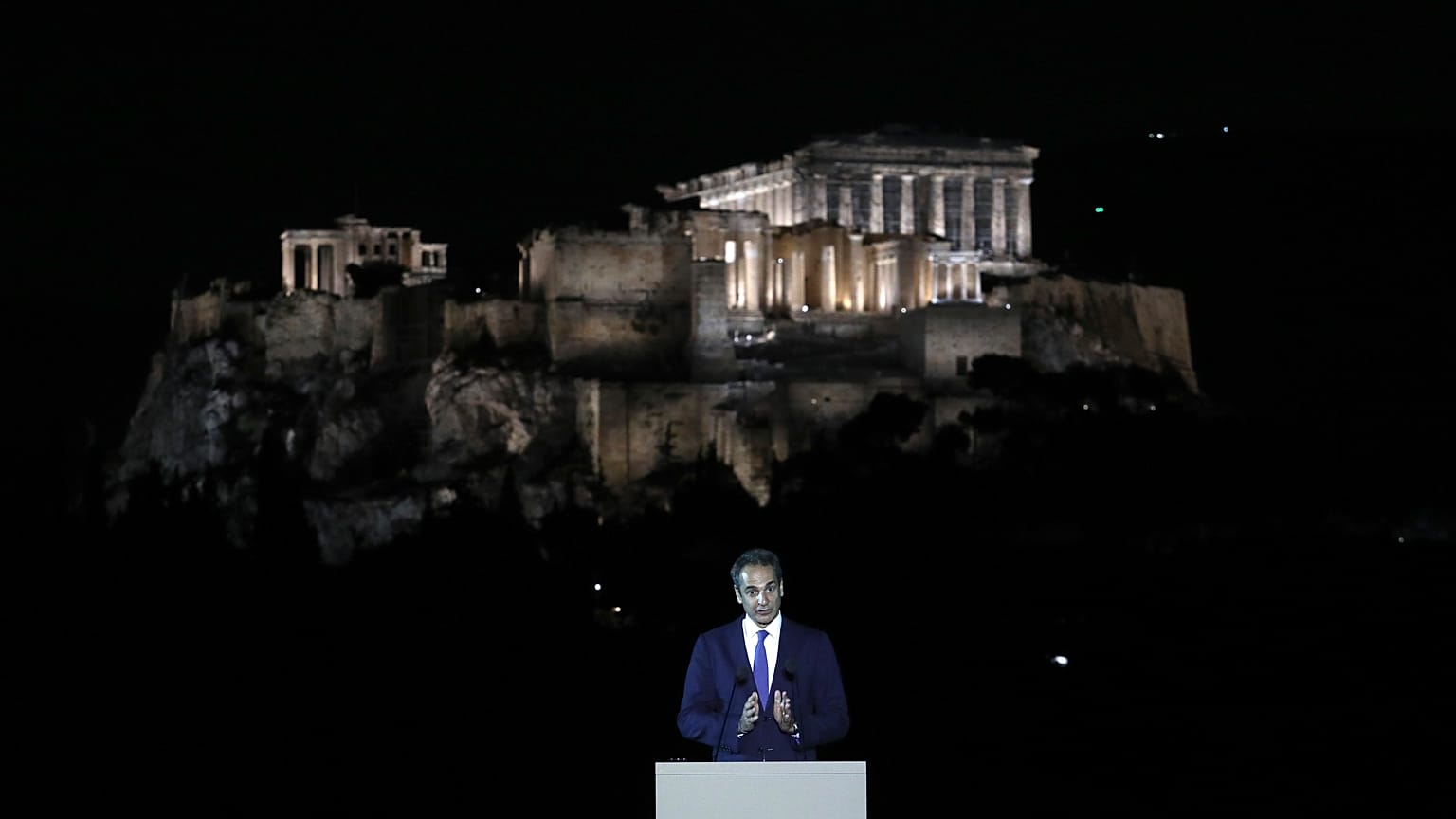 Greece's Prime Minister Kyriakos Mitsotakis speaks during a ceremony for the new lighting system of Acropolis in Athens