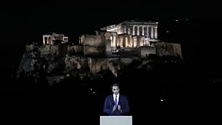 Greece's Prime Minister Kyriakos Mitsotakis speaks during a ceremony for the new lighting system of Acropolis in Athens