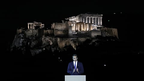 Greece's Prime Minister Kyriakos Mitsotakis speaks during a ceremony for the new lighting system of Acropolis in Athens