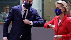 EU Council President Charles Michel (L) and EU Commission President Ursula von der Leyen during an EU Council summit on  Oct. 1, 2020.