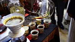 A variety of coffee is served during an event organised for International Coffee Day in Yemen's capital Sanaa