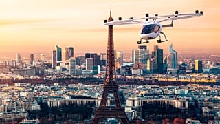One of the aircrafts of German eVTOL Startup Volocopter flying over Paris