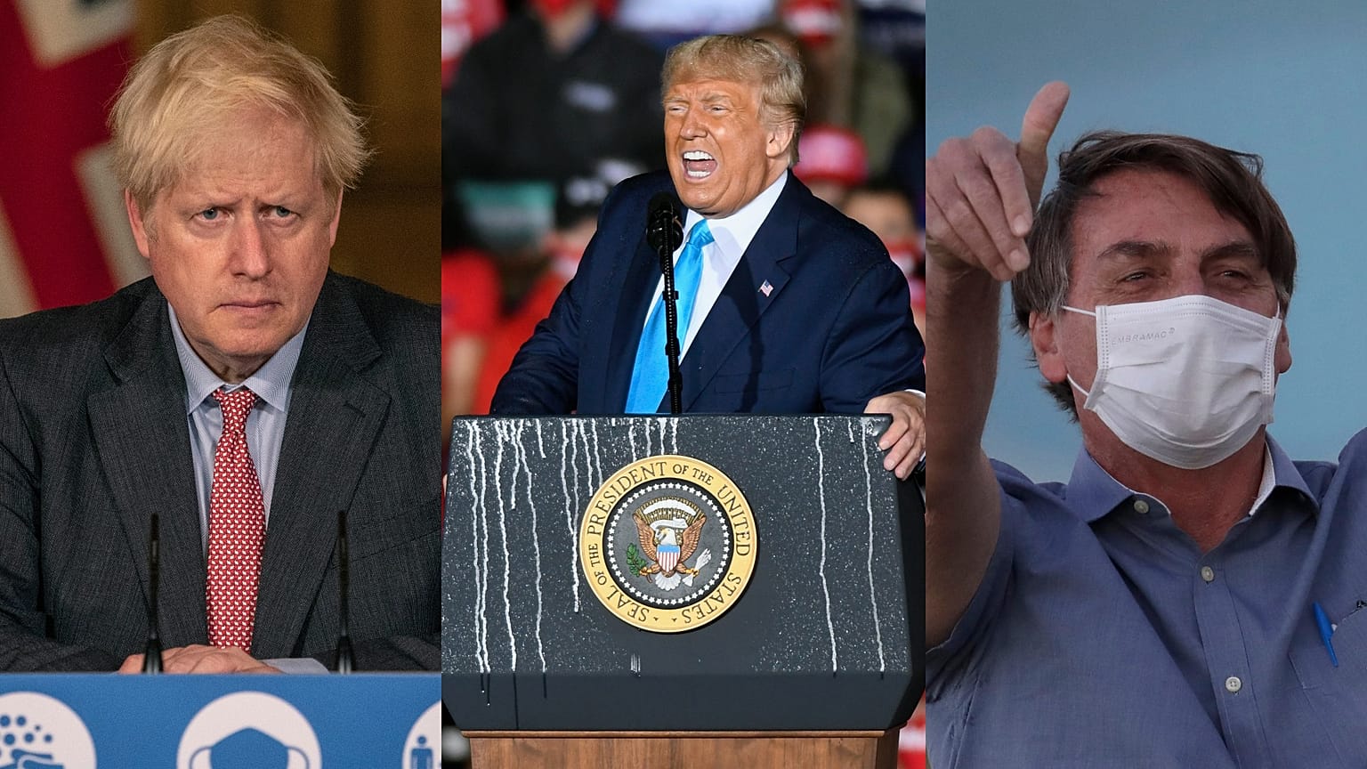 Boris Johnson, left, is the UK prime minister; Donald Trump, centre, is the US president; Jair Bolsonaro, right, is Brazil's president.