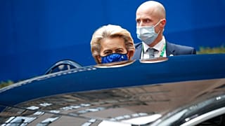European Commission President Ursula von der Leyen leaves at the end of an EU summit in Brussels, Friday, Oct. 2, 2020.