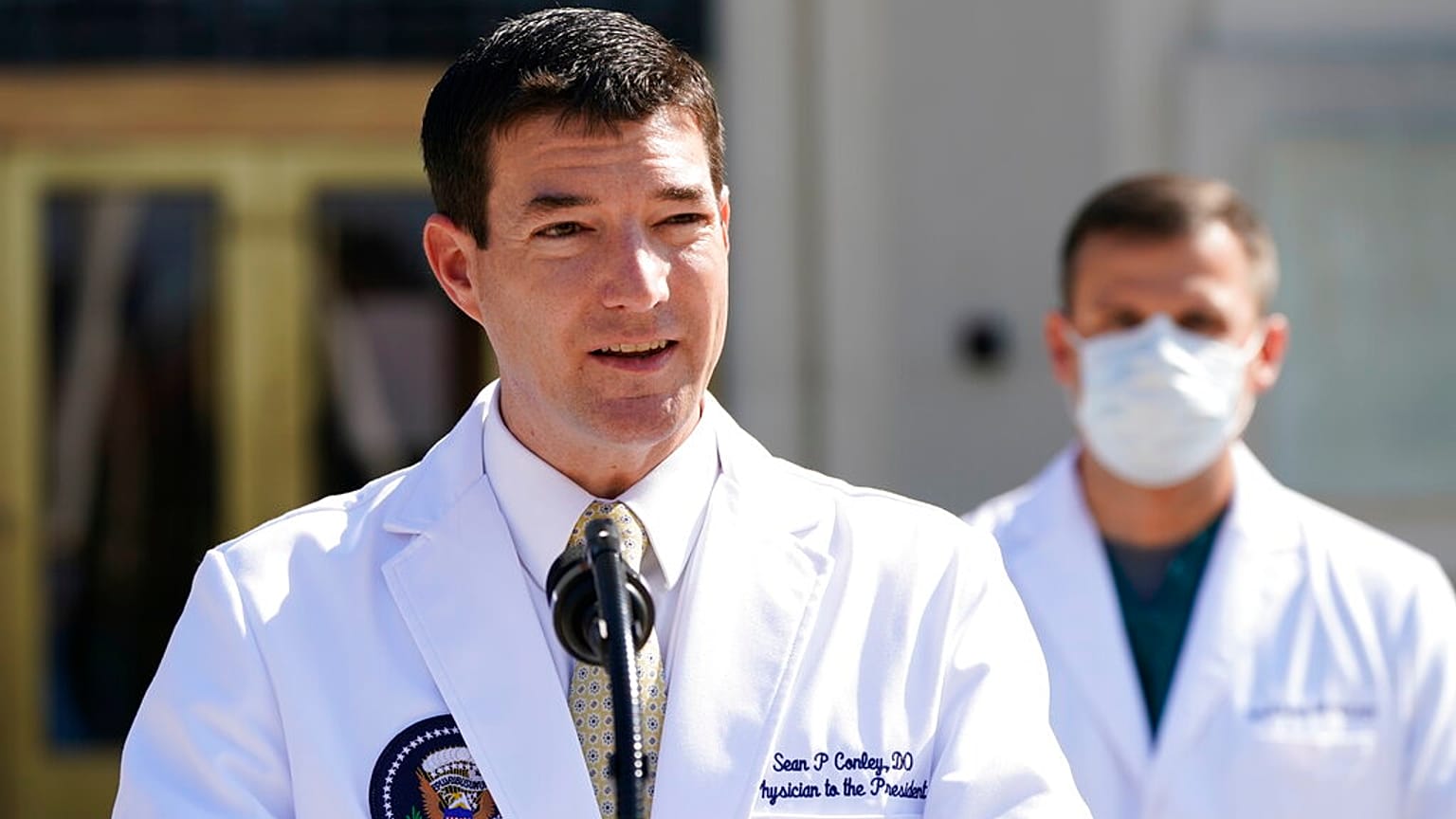 Dr. Sean Conley, physician to President Donald Trump, briefs reporters at Walter Reed National Military Medical Center in Bethesda, Md., Sunday, Oct. 4, 2020. 