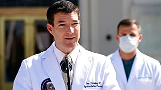 Dr. Sean Conley, physician to President Donald Trump, briefs reporters at Walter Reed National Military Medical Center in Bethesda, Md., Sunday, Oct. 4, 2020. 
