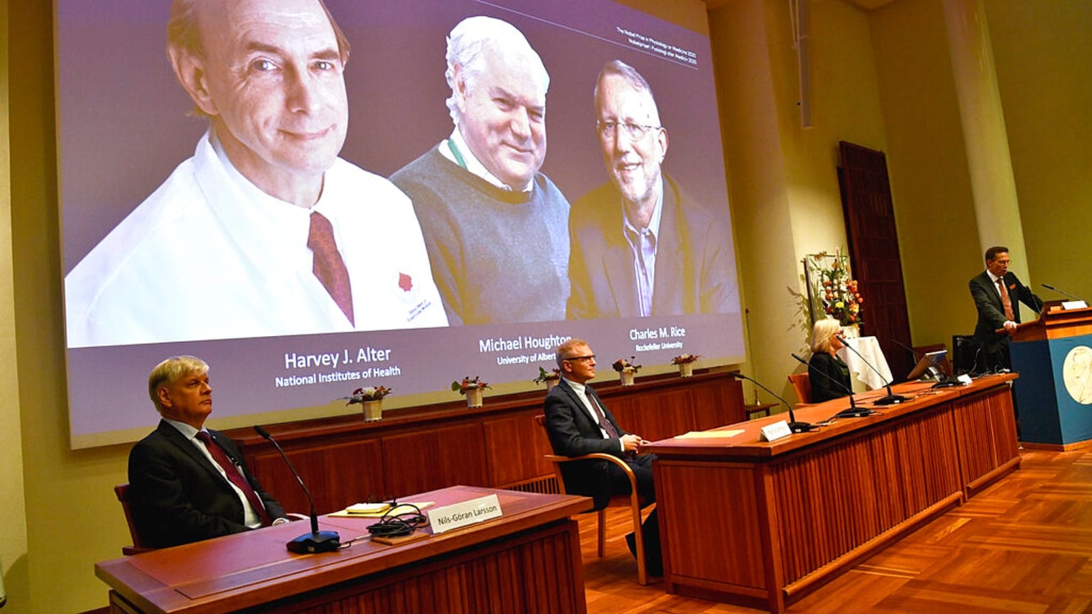 Anuncio de los laureados del Nobel de Medicina de 2020. Harvey J. Alter, a la izquierda en la pantalla, Michael Houghton, en el centro, y Charles M. Rice