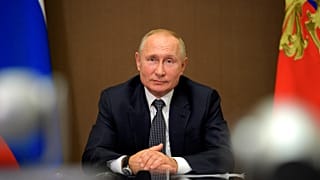 Russian President Vladimir Putin attends a meeting with Moldova's President Igor Dodon via video conference on September 28, 2020. 