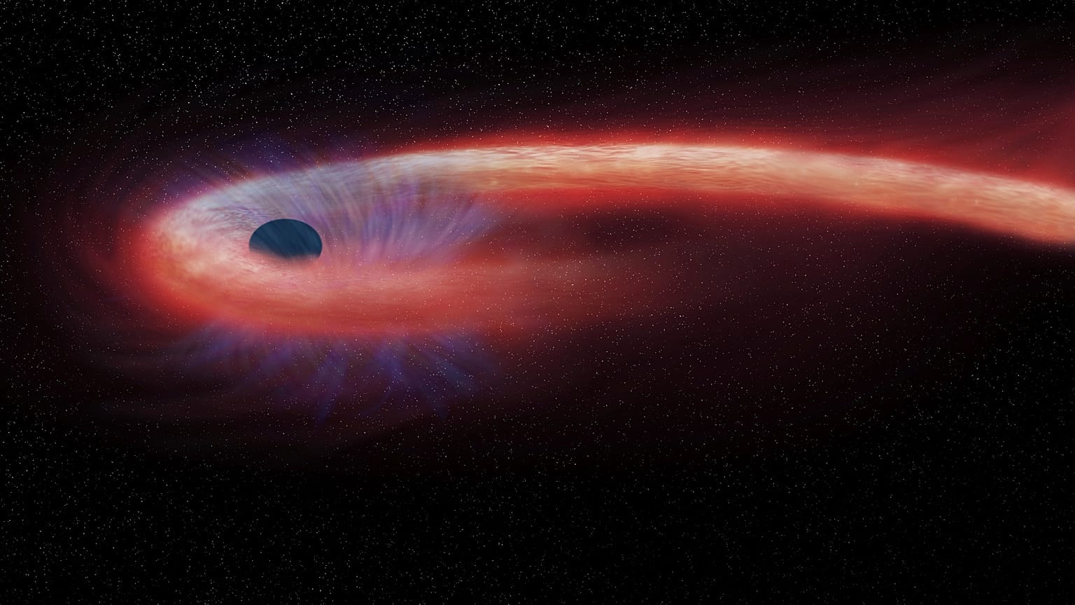 Esta representación artística proporcionada por la NASA muestra una estrella siendo tragada por un agujero negro, y emitiendo una llamarada de rayos X.