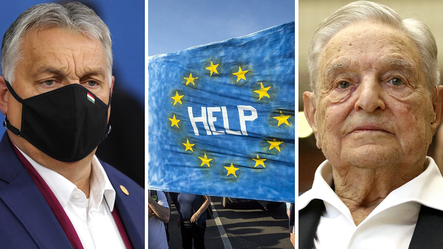 Thousands of people have previously protested against Viktor Orban's (left) measures, which resulted in George Soros' (right) university threatening to leave