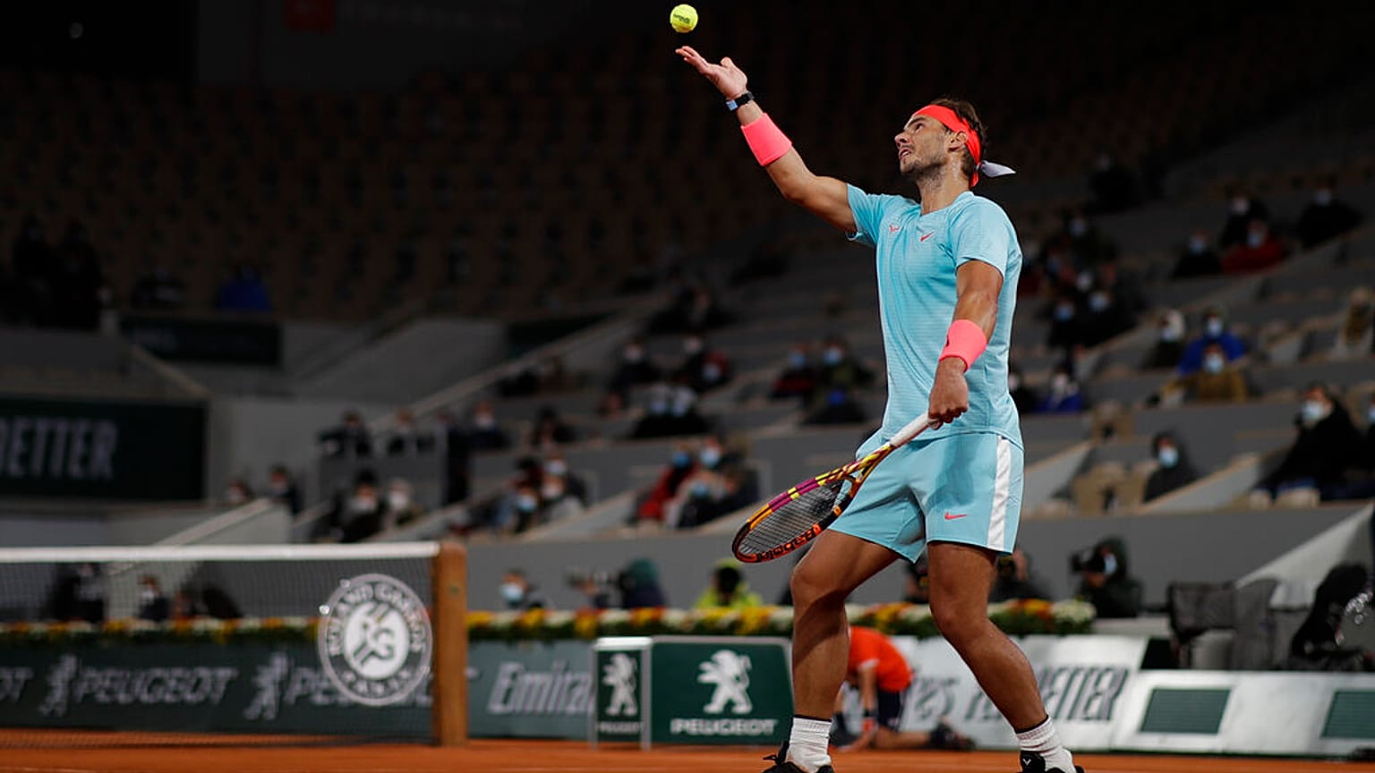 Spain's Rafael Nadal plays a shot against Italy's Jannik Sinner in the quarterfinal match of the French Open tennis tournament at the Roland Garros stadium in Paris.