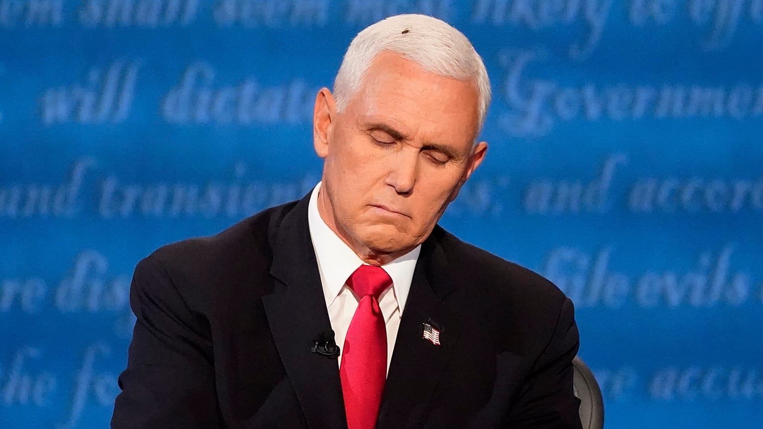Una mosca posada sobre la cabeza del vicepresidente Mike Pence durante el debate con la senadora Kamala Harris, Salt Lake City, 7 de octubre 2020