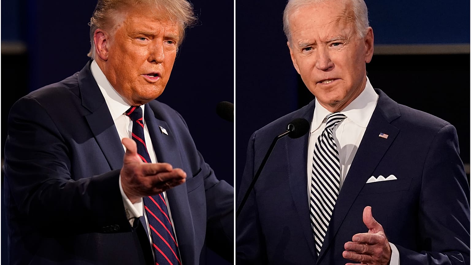 This combination of Sept. 29, 2020, photos shows Donald Trump and Joe Biden during the first presidential debate in Cleveland, Ohio.