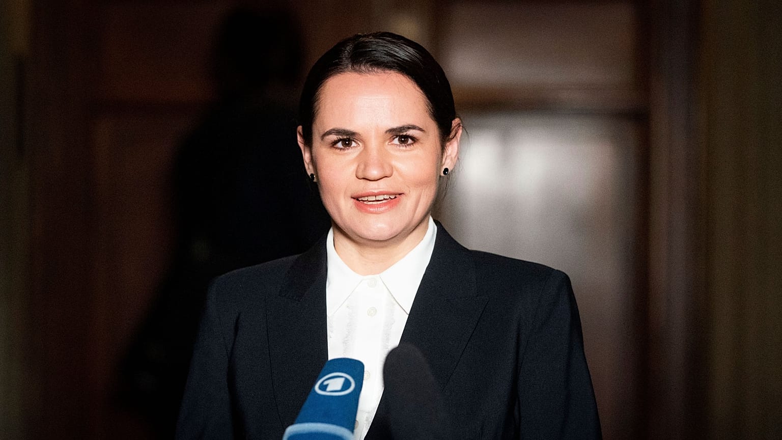 Svetlana Tikhanovskaya speaks to the media during a press statement in Berlin, Germany. October 6, 2020.