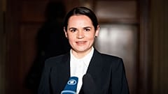 Svetlana Tikhanovskaya speaks to the media during a press statement in Berlin, Germany. October 6, 2020.