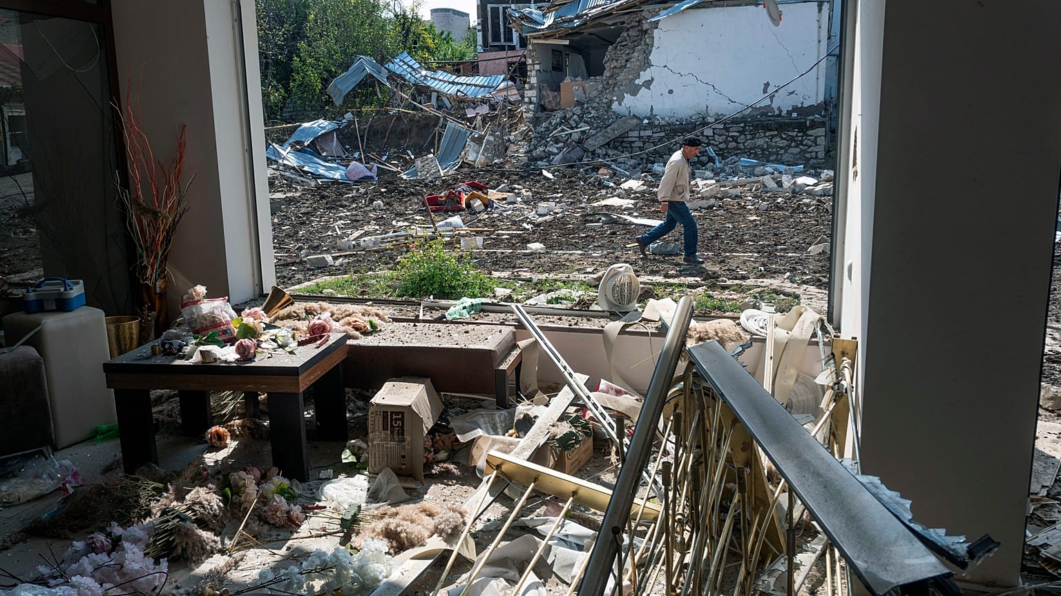 A house is destroyed by shelling during a flare-up of violence in the city known as Stepanakert for the Armenians and Khankendi to Azerbaijan. Nagorno-Karabakh, Oct. 8, 2020.