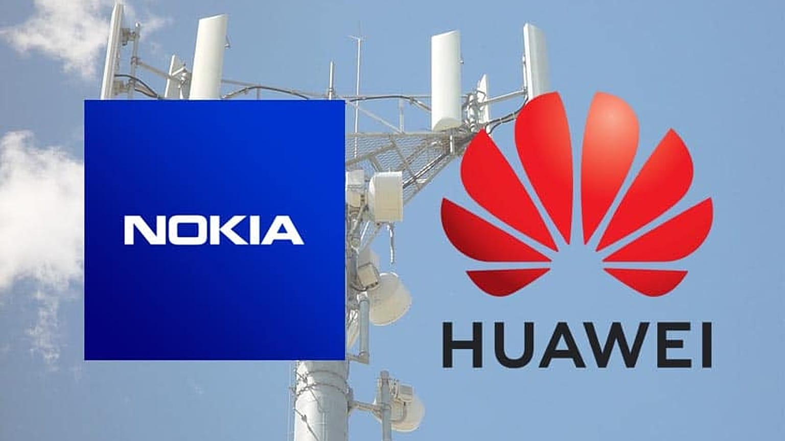 Baz istasyonu önünde Nokia ve Huawei logoları