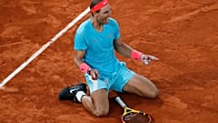 Spain's Rafael Nadal celebrates beating Serbia's Novak Djokovic in the French Open Men's Final at Roland Garros in Paris, October 11, 2020.