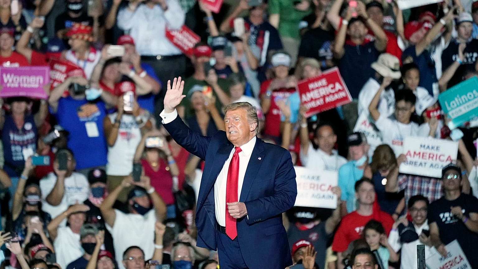President Donald Trump speaks at campaign rally at the Orlando Sanford International Airport Monday, Oct. 12, 2020, in Sanford, Florida.