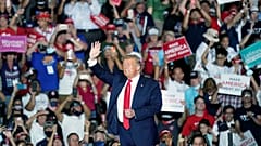 President Donald Trump speaks at campaign rally at the Orlando Sanford International Airport Monday, Oct. 12, 2020, in Sanford, Florida.