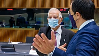 Cypriot Foreign Minister Nicos Christodoulides, right, speaks with European Union foreign policy chief Josep Borrell
