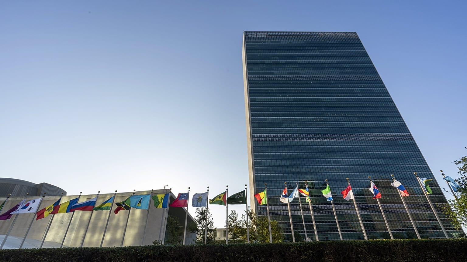 Member state flags fly outside the United Nations headquarters during the 75th session of the United Nations General Assembly, Wednesday, Sept. 23, 2020