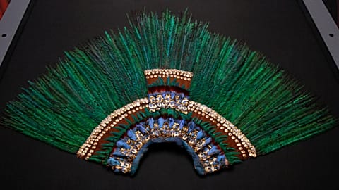 The plume of feathers linked to the legendary Aztec ruler Moctezuma on display at the Museum of Ethnology in Vienna, Austria
