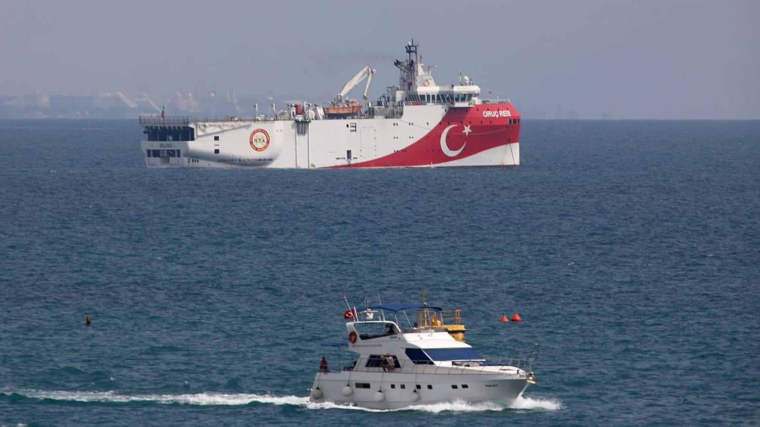 Turkey's research vessel, Oruc Reis anchored off the coast of Antalya on the Mediterranean, Turkey.