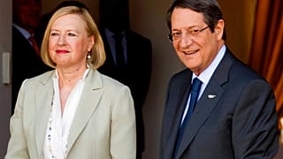 Cyprus President Nicos Anastasiades, right, and UN Secretary General's Special Representative to Cyprus Elizabeth Spehar
