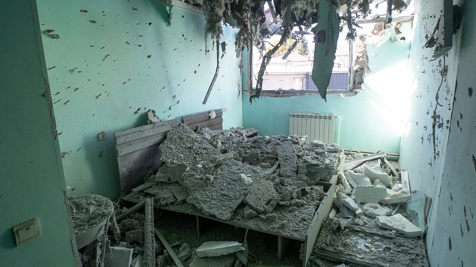 A hotel room is destroyed by shelling in Stepanakert/Khankendi in the region of Nagorno-Karabakh. Oct. 17, 2020.