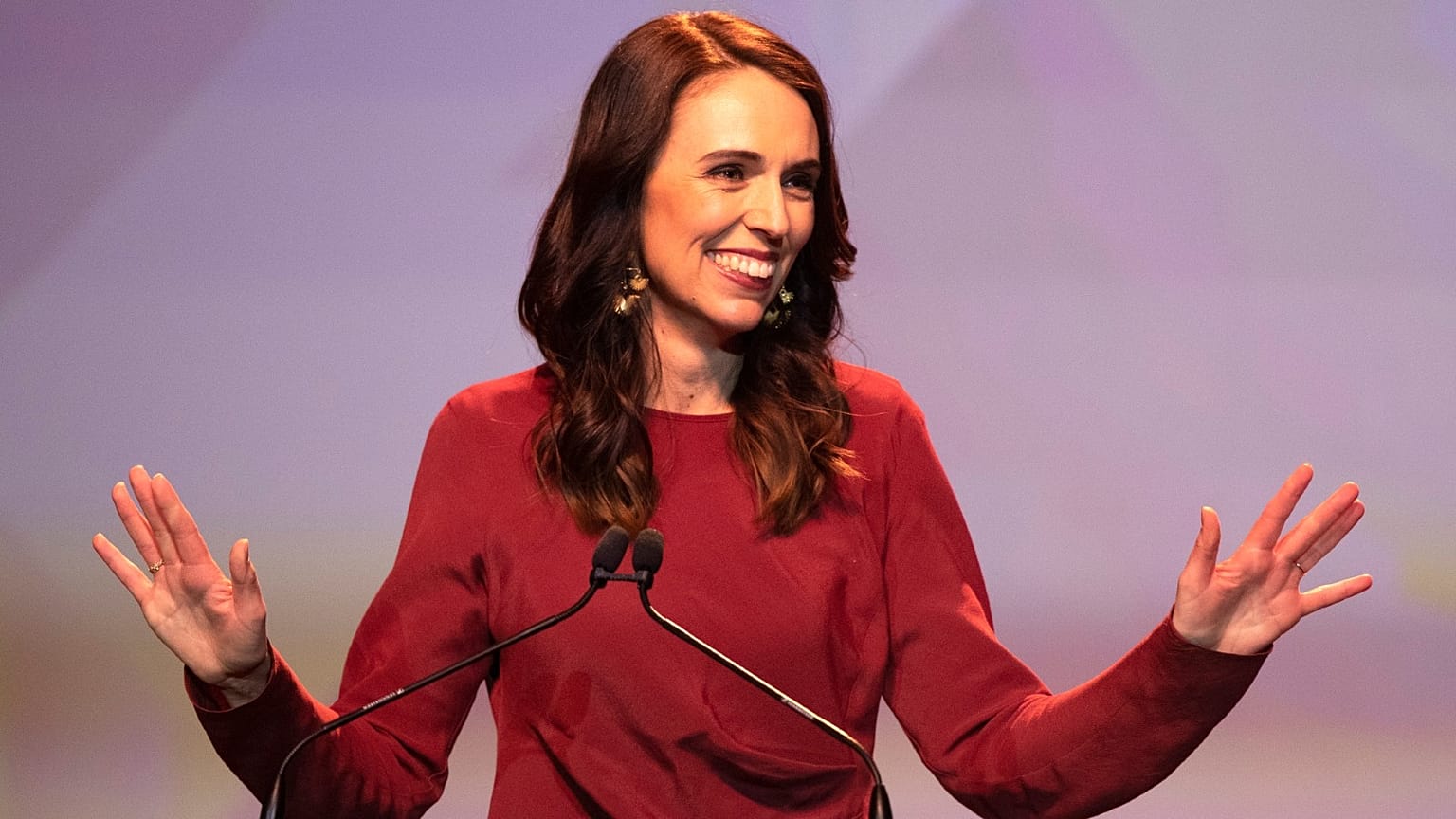 New Zealand Prime Minister Jacinda Ardern gestures as she gives her victory speech to Labour Party members at an event in Auckland, New Zealand, Saturday, Oct. 17, 2020.