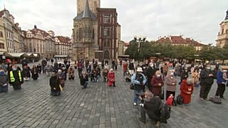 Various of people gathering for an outdoor Catholic mass
