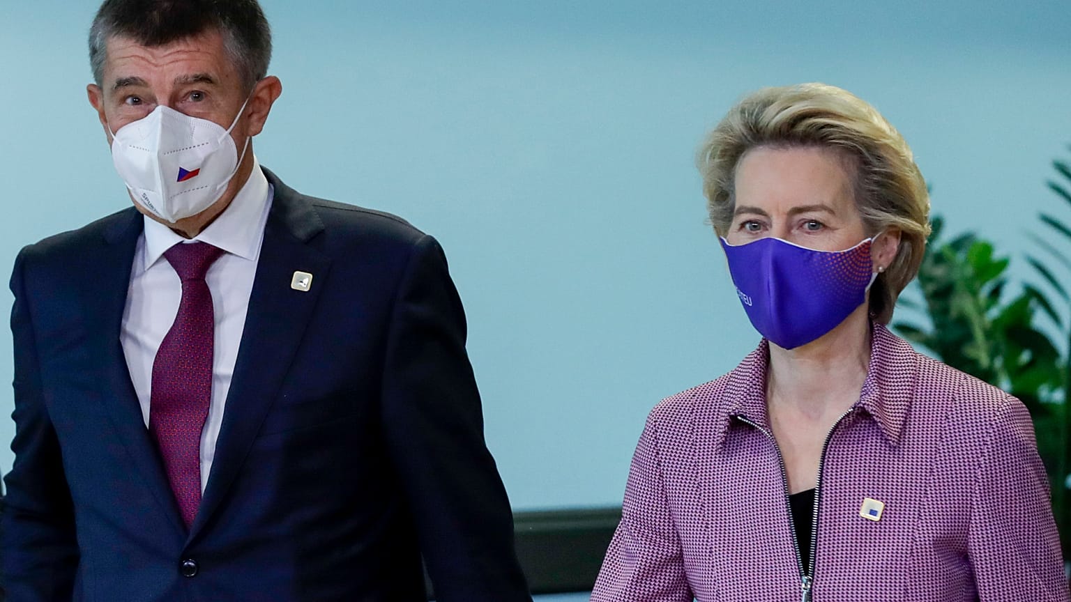 Czech Republic's PM Andrej Babis is welcomed by European Commission President Ursula von der Leyen prior to a meeting at EU headquarters in Brussels, Thursday, Oct. 15, 2020.
