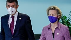 Czech Republic's PM Andrej Babis is welcomed by European Commission President Ursula von der Leyen prior to a meeting at EU headquarters in Brussels, Thursday, Oct. 15, 2020.