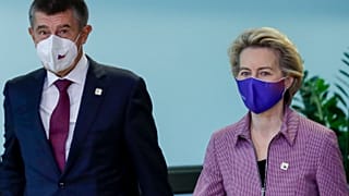Czech Republic's PM Andrej Babis is welcomed by European Commission President Ursula von der Leyen prior to a meeting at EU headquarters in Brussels, Thursday, Oct. 15, 2020.