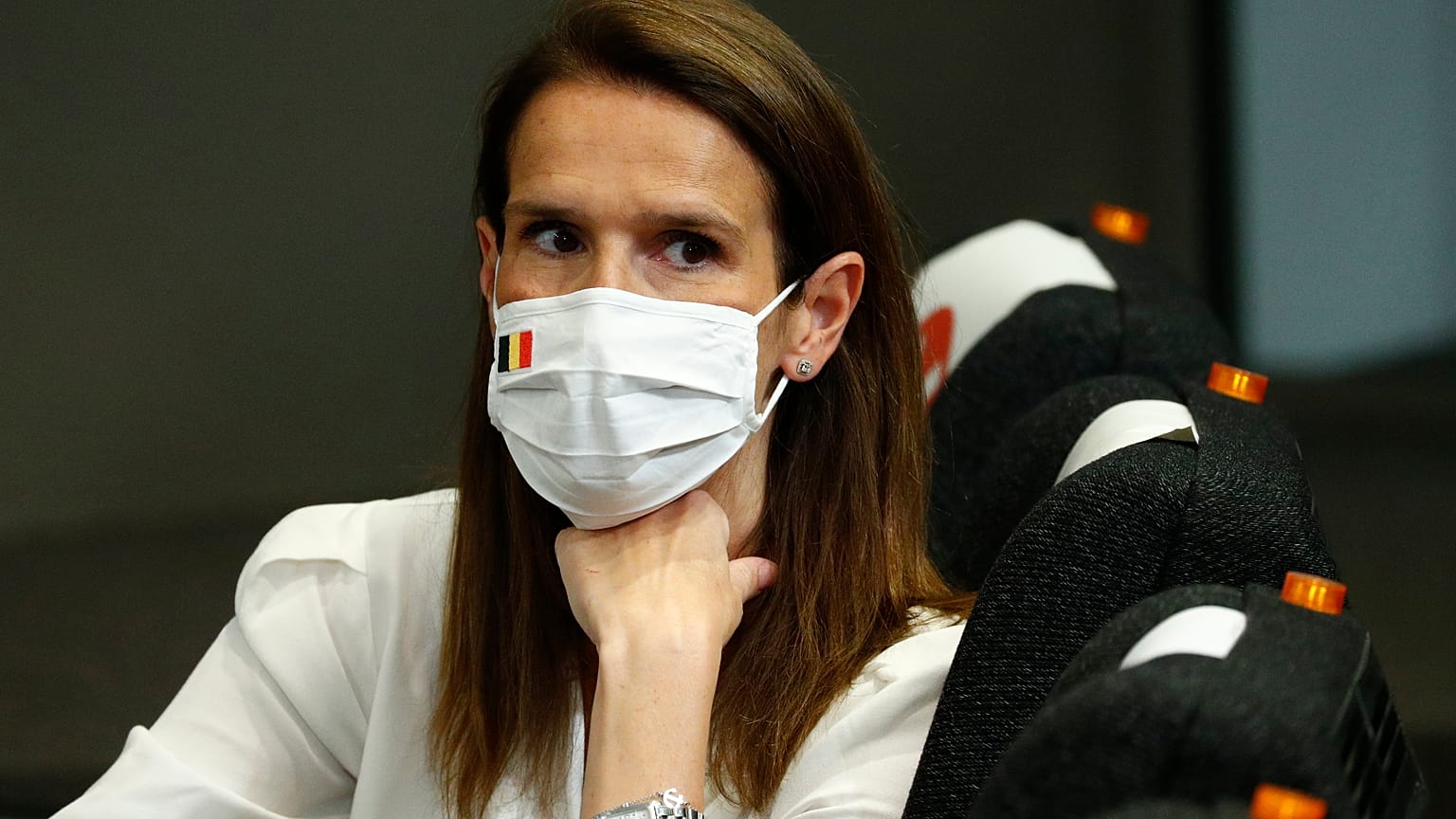 Sophie Wilmes attends a news conference following a meeting of the National Security Council. July 27, 2020.