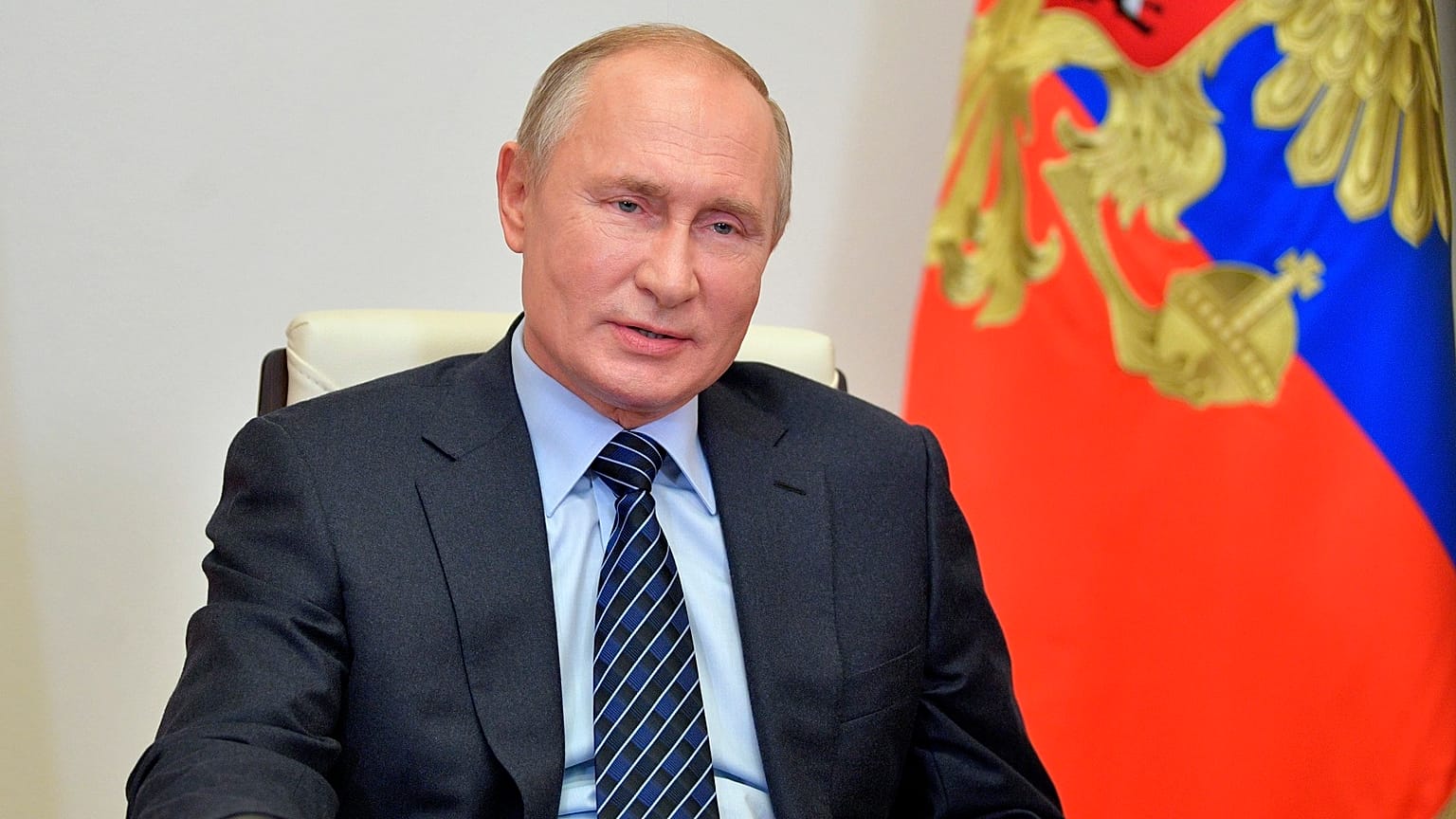 Russian president Vladimir Putin  attends a meeting with members of the Russian Union of Industrialists and Entrepreneurs via video conference on Oct. 21, 2020.