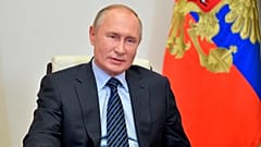 Russian president Vladimir Putin  attends a meeting with members of the Russian Union of Industrialists and Entrepreneurs via video conference on Oct. 21, 2020.