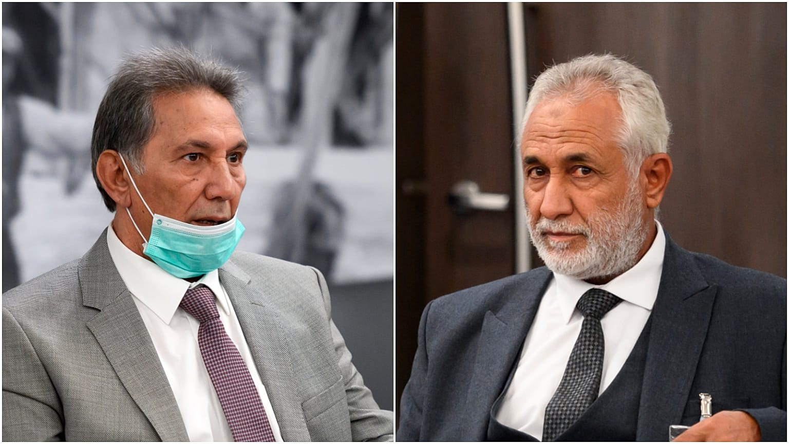 رئيس الوفد العسكري لحكومة الوفاق الوطني أحمد علي ابو شامة ورئيس وفد قوات الجيش العربي الليبي امحيميد محمد العمامي خلال محادثات جنيف. 2020/10/20