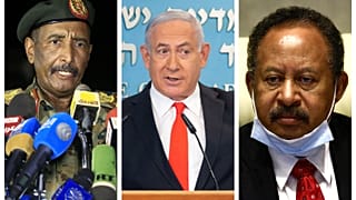 Sudan Konsey Başkanı Orgeneral Abdulfettah el-Burhan, İsrail Başbakanı Binyamin Netanyahu ve Sudan Başbakanı Abdullah Hamduk 