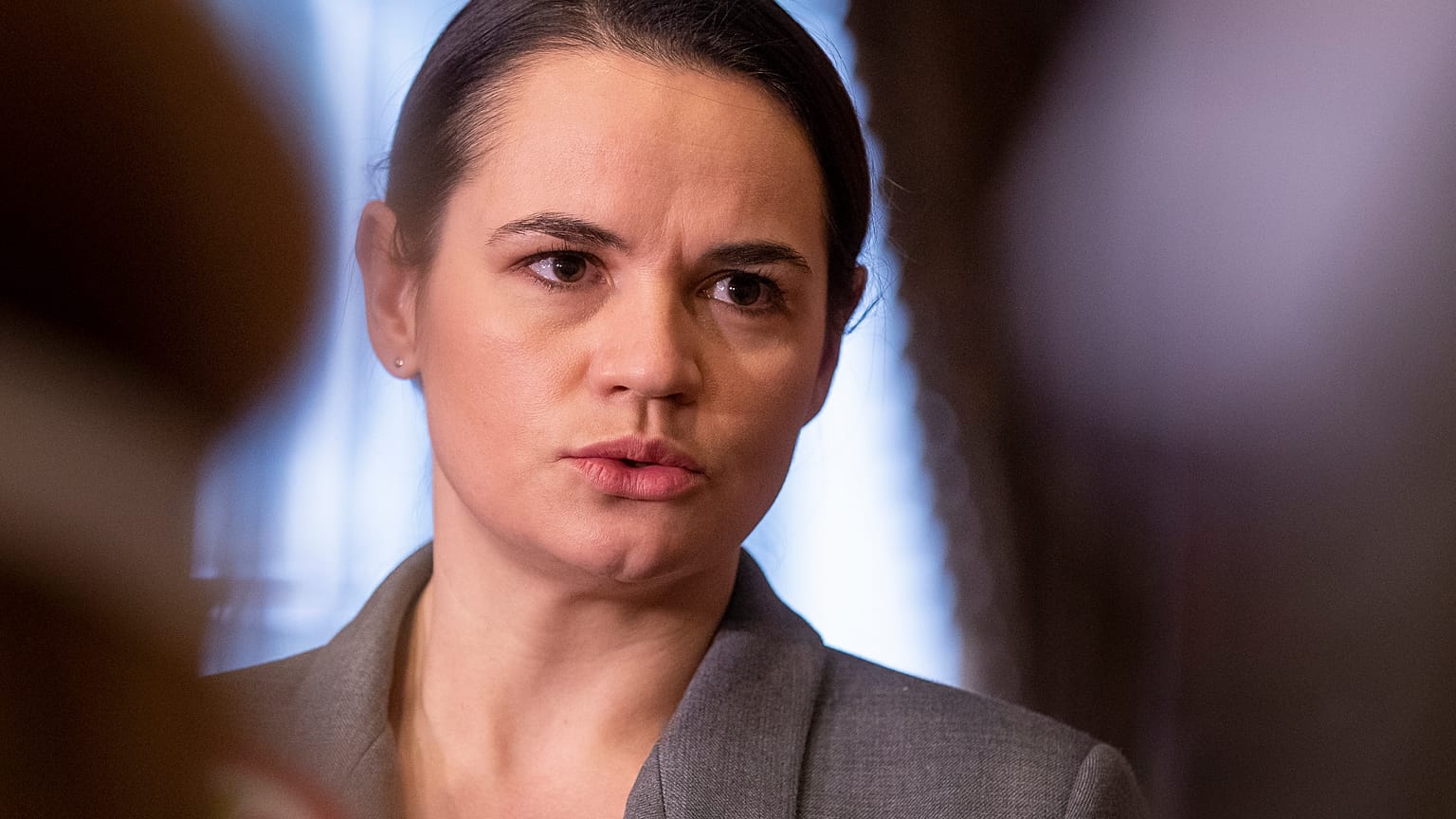 Belarusian opposition figure Svetlana Tikhanovskaya following her meeting with Canadian Foreign Minister Francois-Philippe Champagne in Vilnius, Lithuania on Oct. 16, 2020.