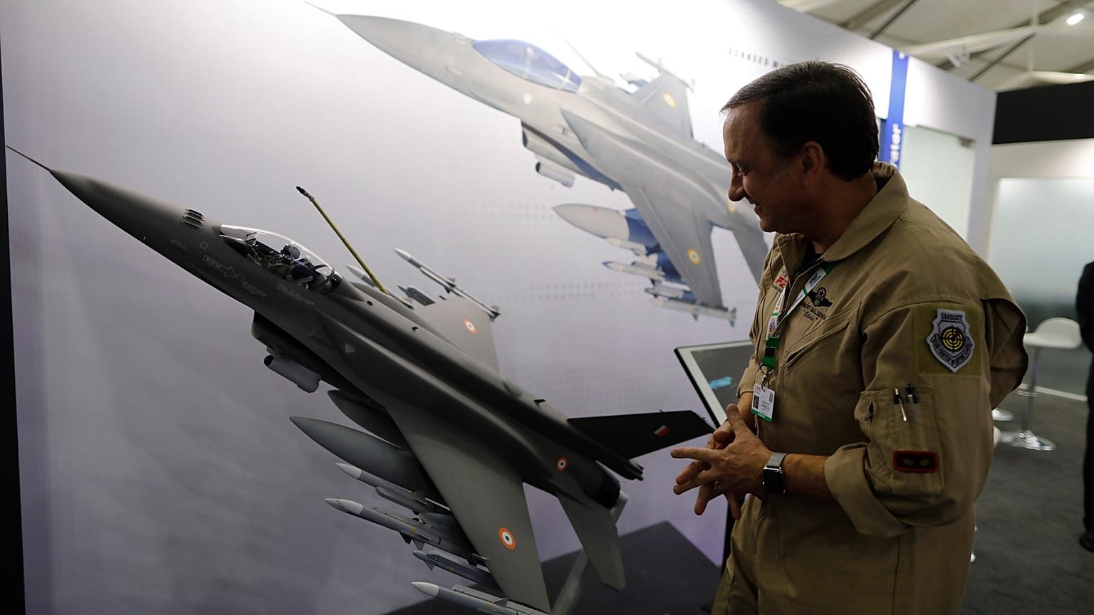 In this Feb. 5, 2020, file photo, Lockheed Martin's Robert Balserak, Lead Executive, Air Superiority Programs, explains the capabilities of the F-21 at the DefExpo in Lucknow