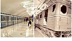 A bakui metró napjainkban és az 1995-ben kiégett metrókocsi