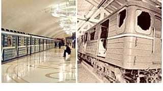 A bakui metró napjainkban és az 1995-ben kiégett metrókocsi