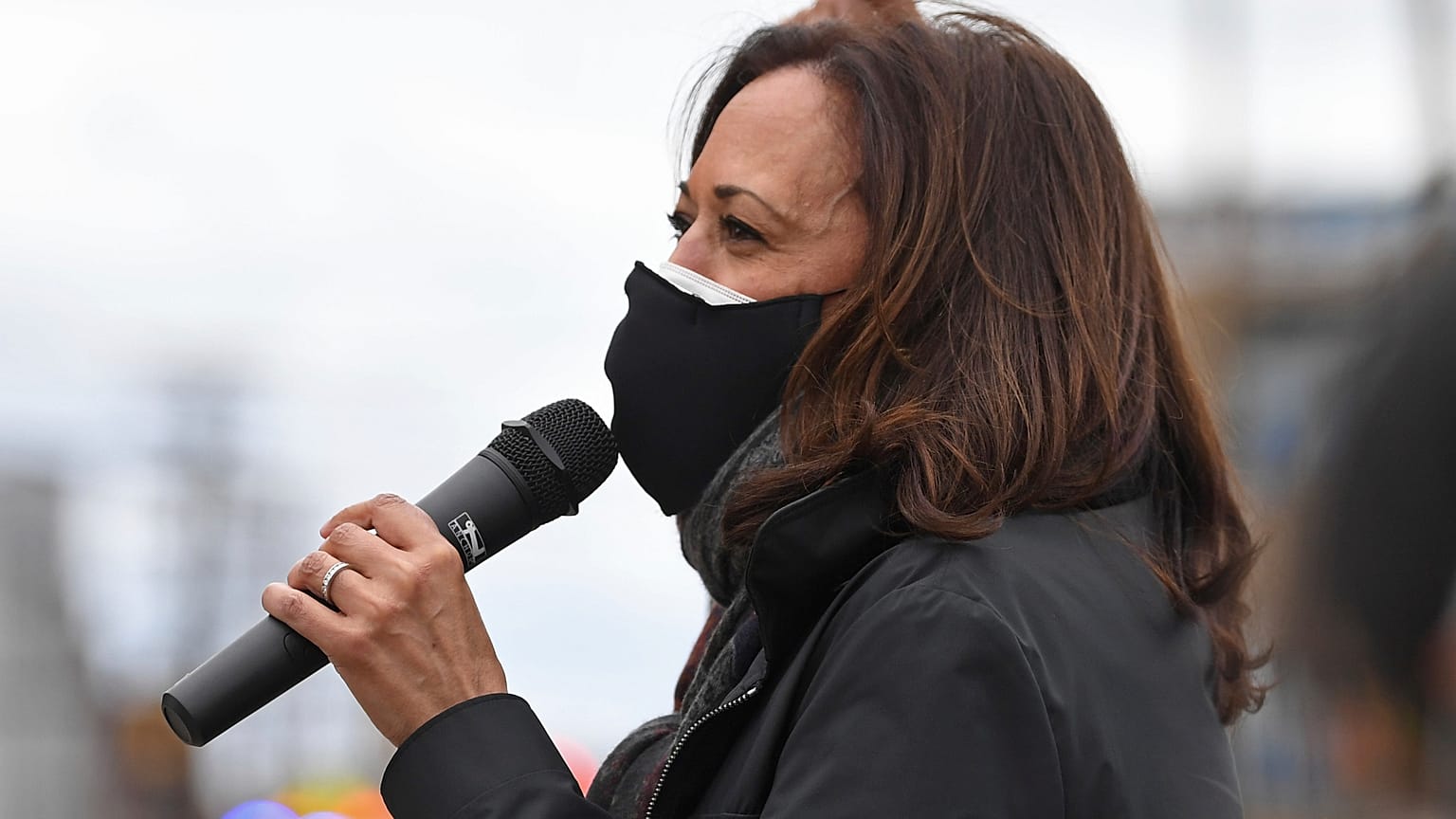 Kamala Harris spoke to voters outside the Cuyahoga County Board of Elections during a campaign event on Saturday.