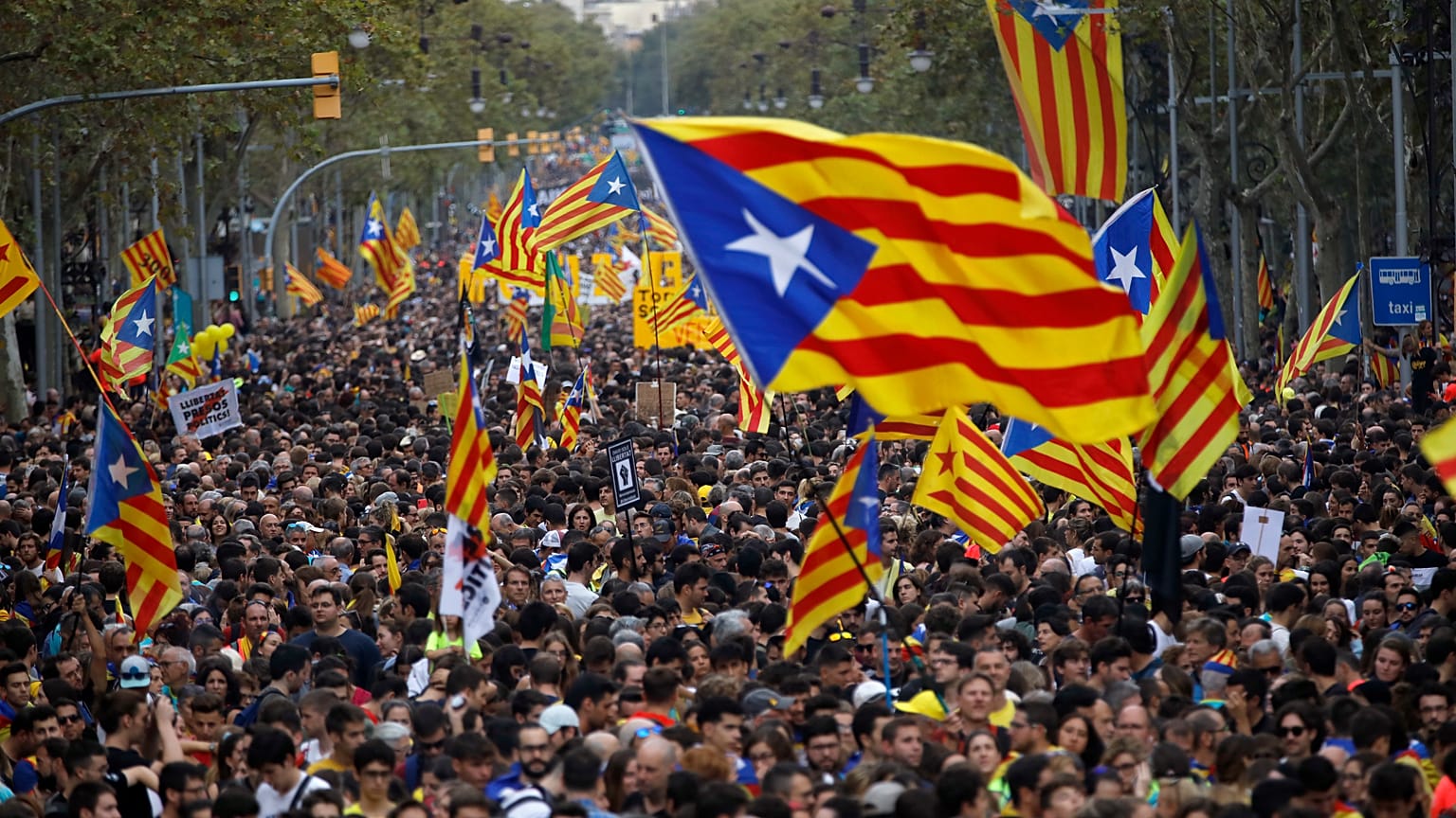 Pro-independence flags on display during a demonstration in Barcelona, October 2019.