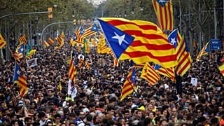 Pro-independence flags on display during a demonstration in Barcelona, October 2019.
