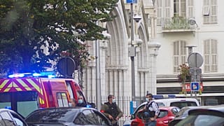 French police next to Notre Dame church after a suspected terrorist knife attack in Nice, southern France, October 29, 2020.