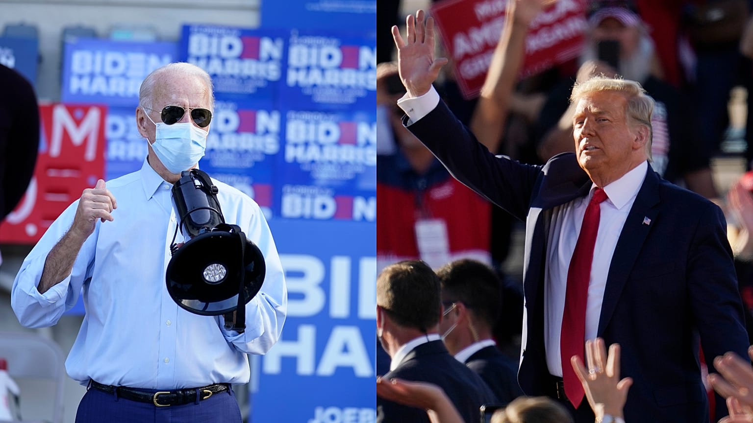 Democratic presidential candidate Joe Biden (L) and US President Donald Trump (R) are competing in the final days of the US election campaign.