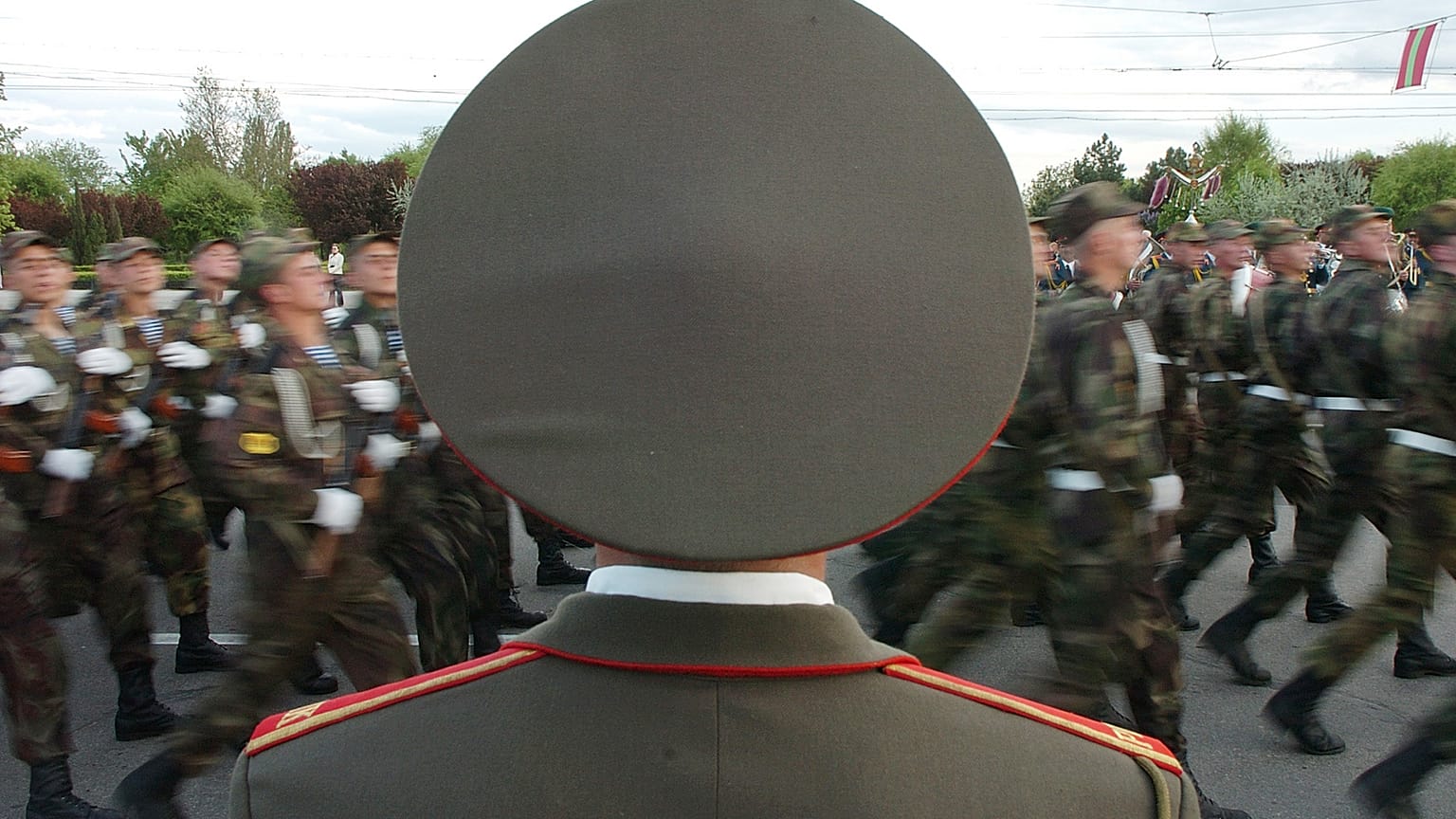 Soldiers of the Transnistrian Army are marching at the Victory Day parade in Tiraspol, Transnistria, Moldova on Monday, May 9, 2005.